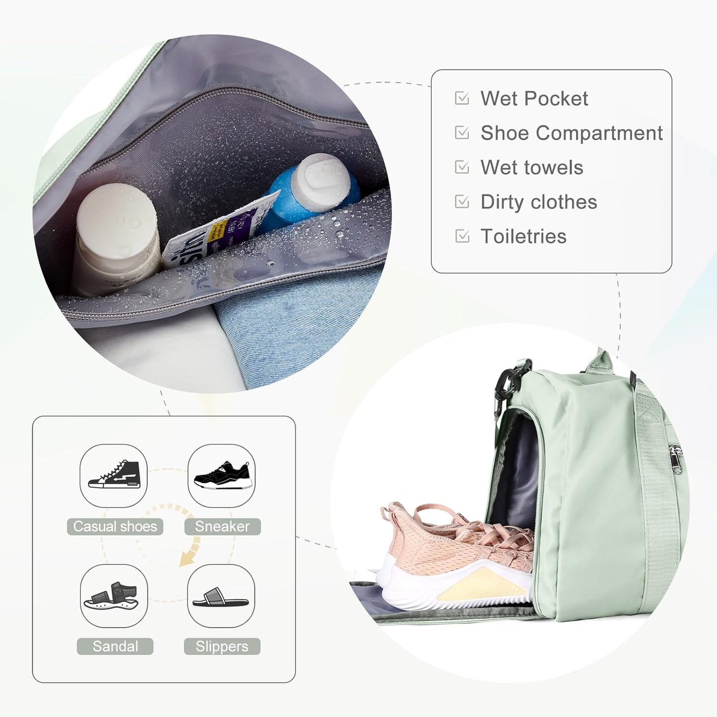 Gym Bag for Women Men with Shoes Compartment,Sports Duffle Bag Personal item travel Duffel Bags Tote Bag Small Carry on Weekender Overnight Bag Workout Dance Bag Hospital Holdalls Mint Green