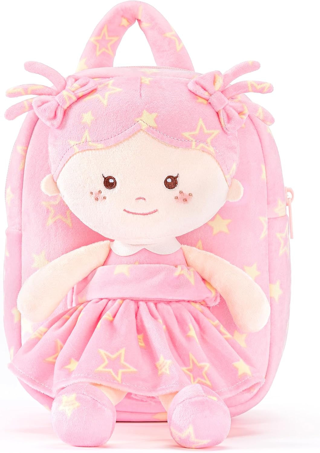 Onetoo Toddler Backpacks Back to School Gifts for Girls Kids Backpack with Soft Tanned Baby Dolls in Pink Star Dress 9"