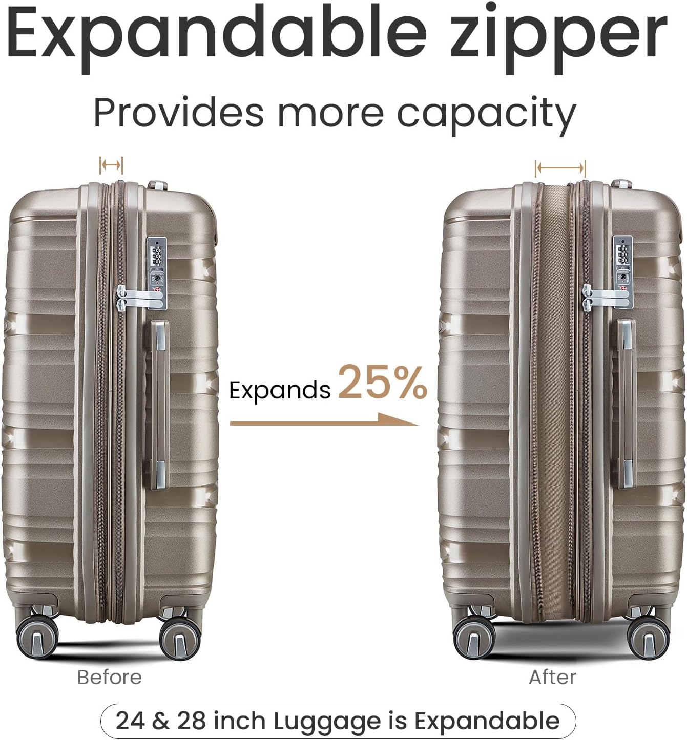 Campfun Luggage 4 Piece Sets, Expandable Carry On Luggage Set Hardshell PP, Suitcase Set with Double Spinner Wheels, Checked Durable Lightweight with TSA Lock, 14in 20in 24in 28in-Champagne(C)