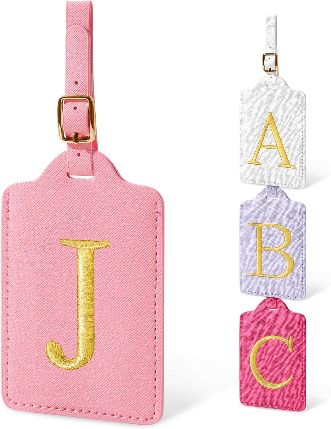 Personalized Initial Luggage Tags for Suitcases, Cute PU Leather Embroidered Letter Travel Luggage Tags, Suitcase Identifier Name Baggage Tag, Bag Tags for Men Women Kids Luggage Handbags(Pink J)