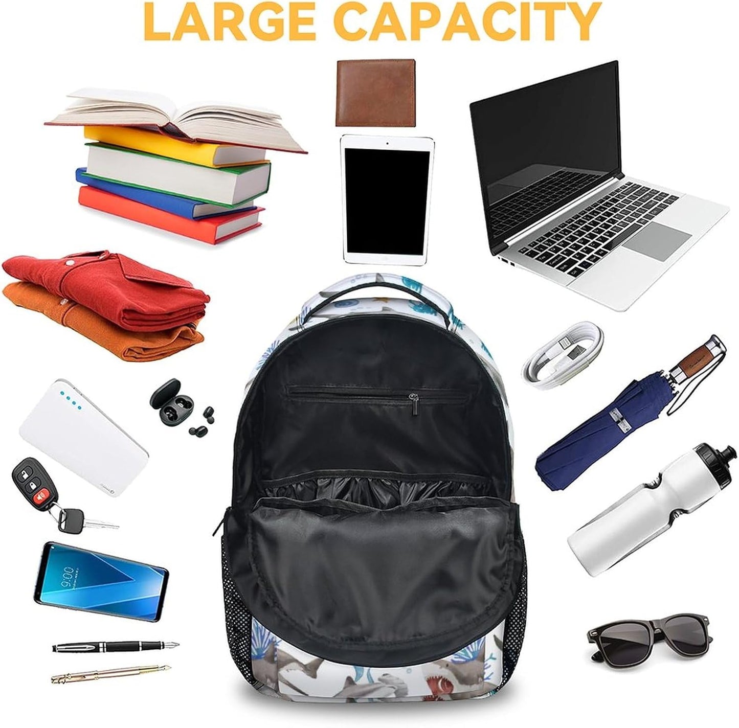 Custom Shark Backpacks for Boys, Large Capacity Backpack for School, Cute White Lightweight Bookbag