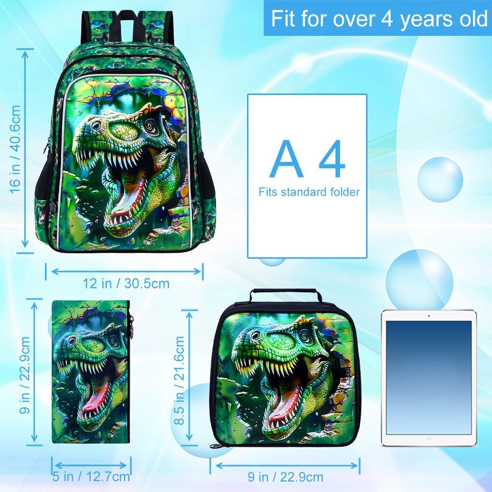 Dinosaur Backpack, 16" Boys Kids Bookbag with Lunch Box, 3Pcs Dino School Backpacks for Elementary Preschool Kindergarten (Green)