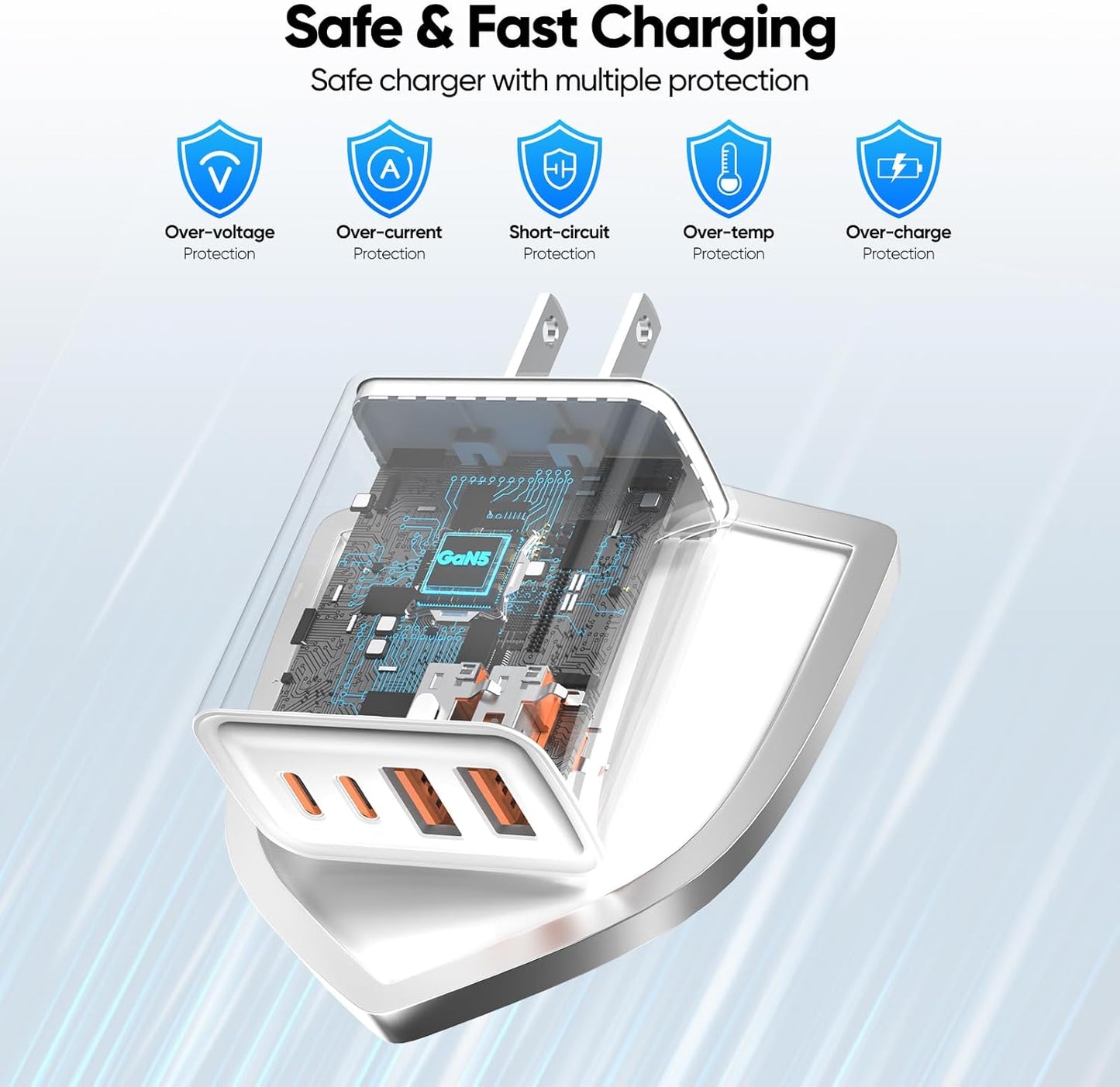 [2-Pack] USB C Charger,80W 4-Port Type C Fast Charging Block,USBC Multiport Wall Plug PD&QC GaN Charging Cube with 6.6FT USB C Cable for iPhone 16/15/14/13/12/11/Pro Max/XS/XR, Samsung（White