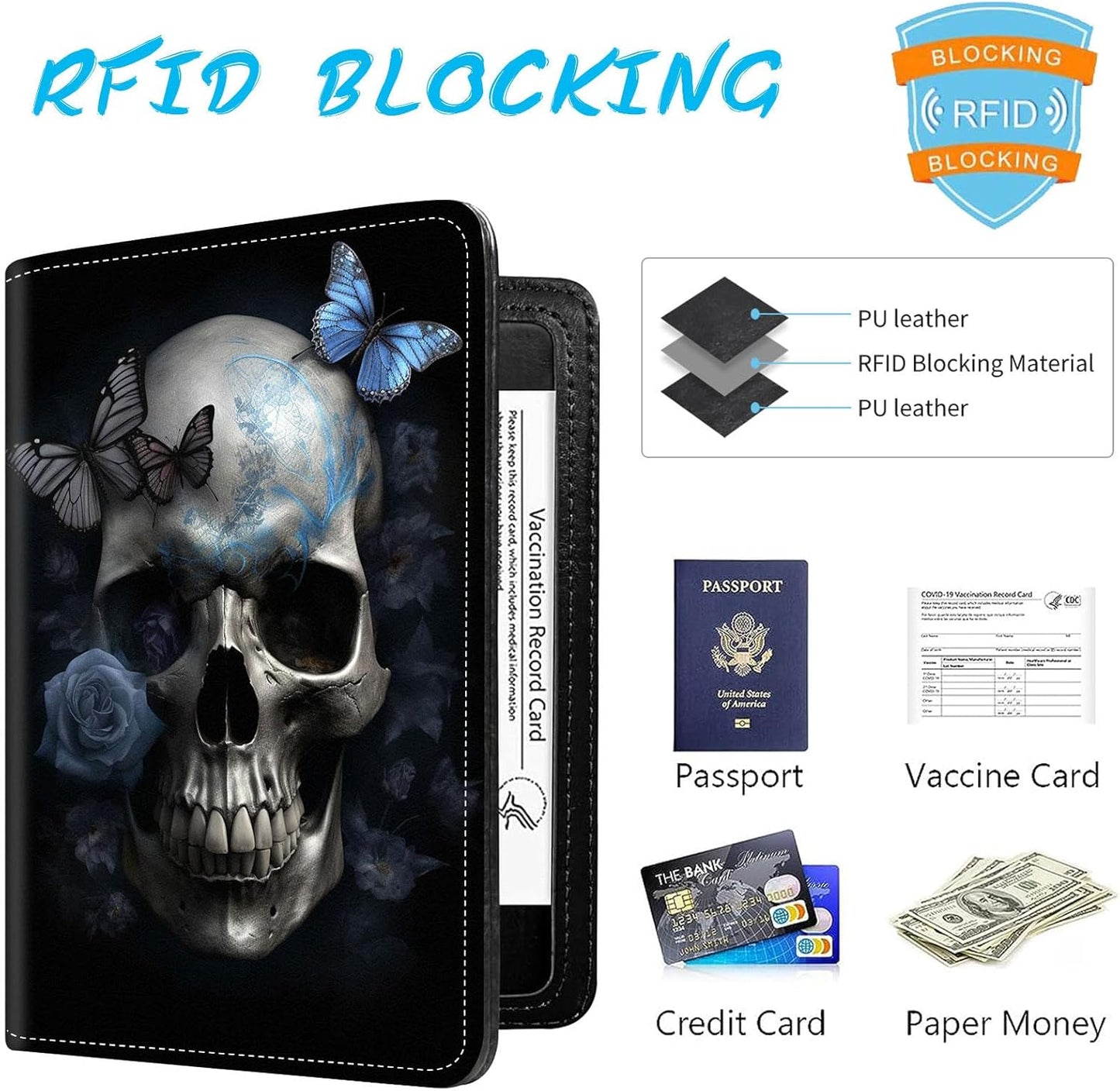 Passport Holder Cover Wallet Travel Essentials RFID Blocking Case Leather Passport Cover Wallet Vaccine Card Slot Organizer for Men Women, Skull Butterfly