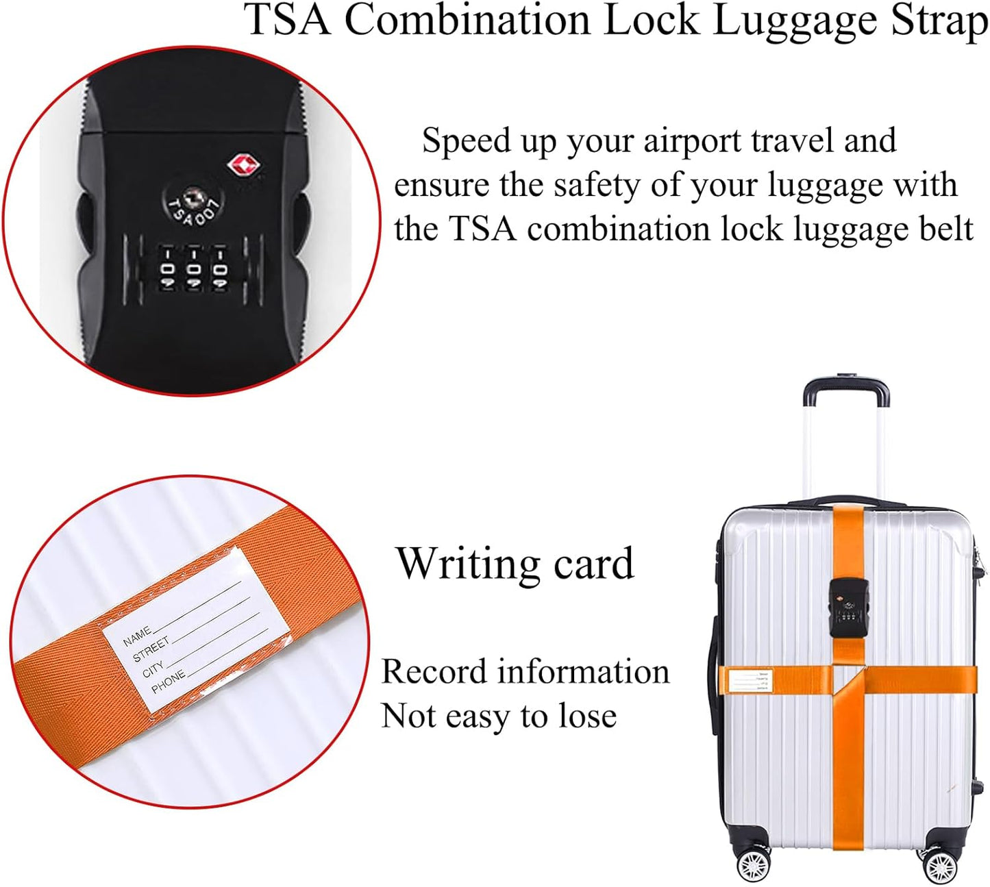 Luggage Straps for Suitcases TSA Approved Heavy Duty Adjustable Travel Belt Cross Suitcase Belts Luggage Tags with Name ID Card Travel Accessories Fit for 20-32 Inch Suitcase (Orange)