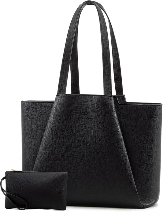 LOVEVOOK Women's 17 Inch Laptop Tote Bag, Black, PU Leather, Water Resistant, Reinforced Bottom