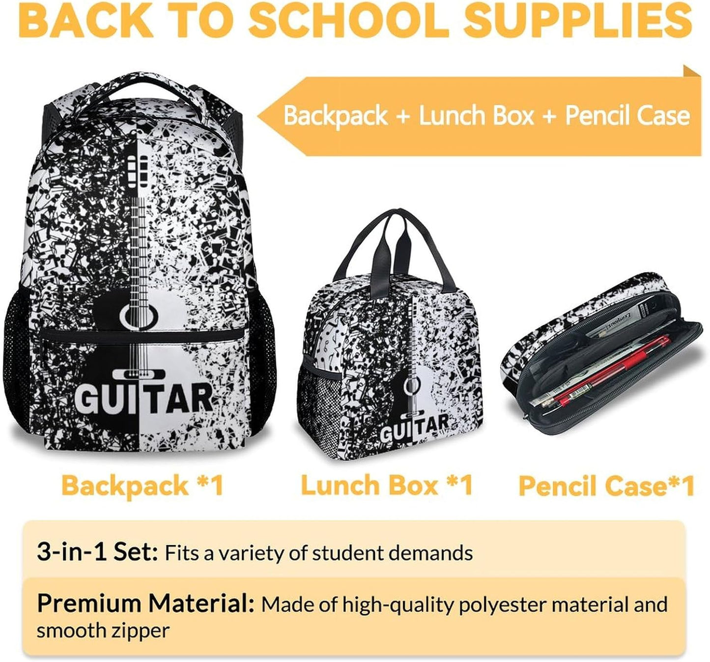 Mercuryelf Guitar Kids Backpack with Lunch Box Set, 3 in 1 School Backpacks Matching Combo, Cool Black White Bookbag and Pencil Case Bundle