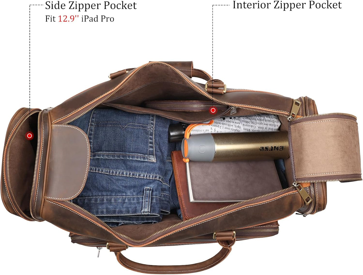 Polare 24" Retro Full Grain Leather Duffel Weekender Travel Overnight Luggage Bag With YKK Metal Zippers