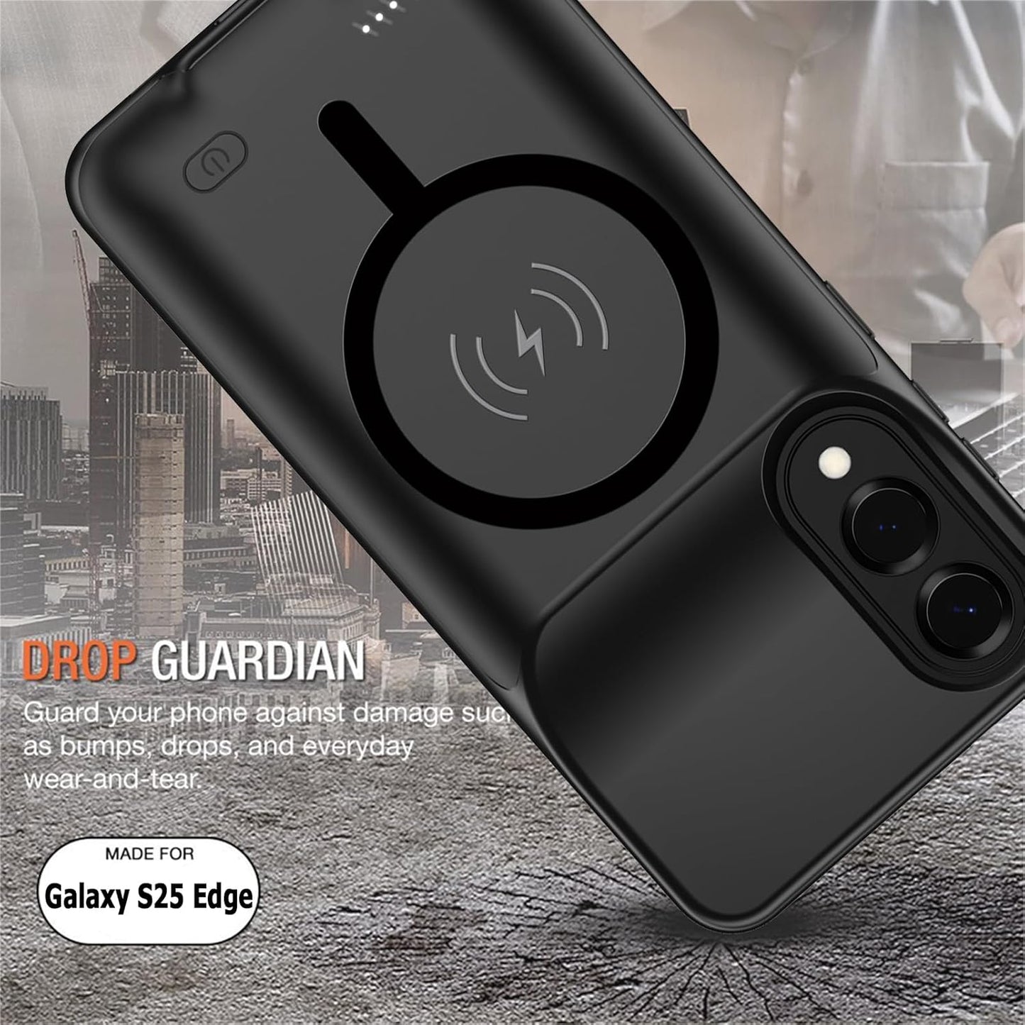 Wireless Charging Case for Galaxy S25 Edge, Upgraded 10000mAh Rechargeable Portable Charging Case Compatible with Galaxy S25 Edge (6.7 inch) with Carplay Extended Battery Pack Charger Case (Black)