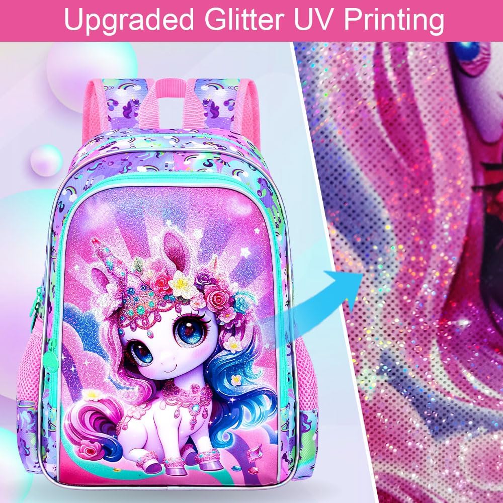 Unicorn Backpack for Girls, 16" Kids Bookbag with Lunch Box，3Pcs School Backpacks for Elementary Preschool Kindergarten (Pink)