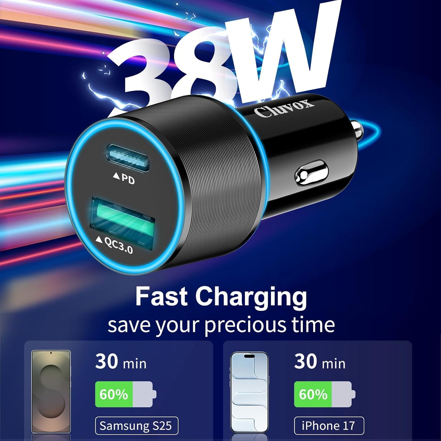 38W USB C Car Charger Adapter, 20W Fast USB-C & 18W Rapid QC3.0 Ports, 12V Cigarette Lighter Adapter for iPhone 17/16 /15, Google Pixel, Samsung, Android Phones Auto Accessories for Men - Black