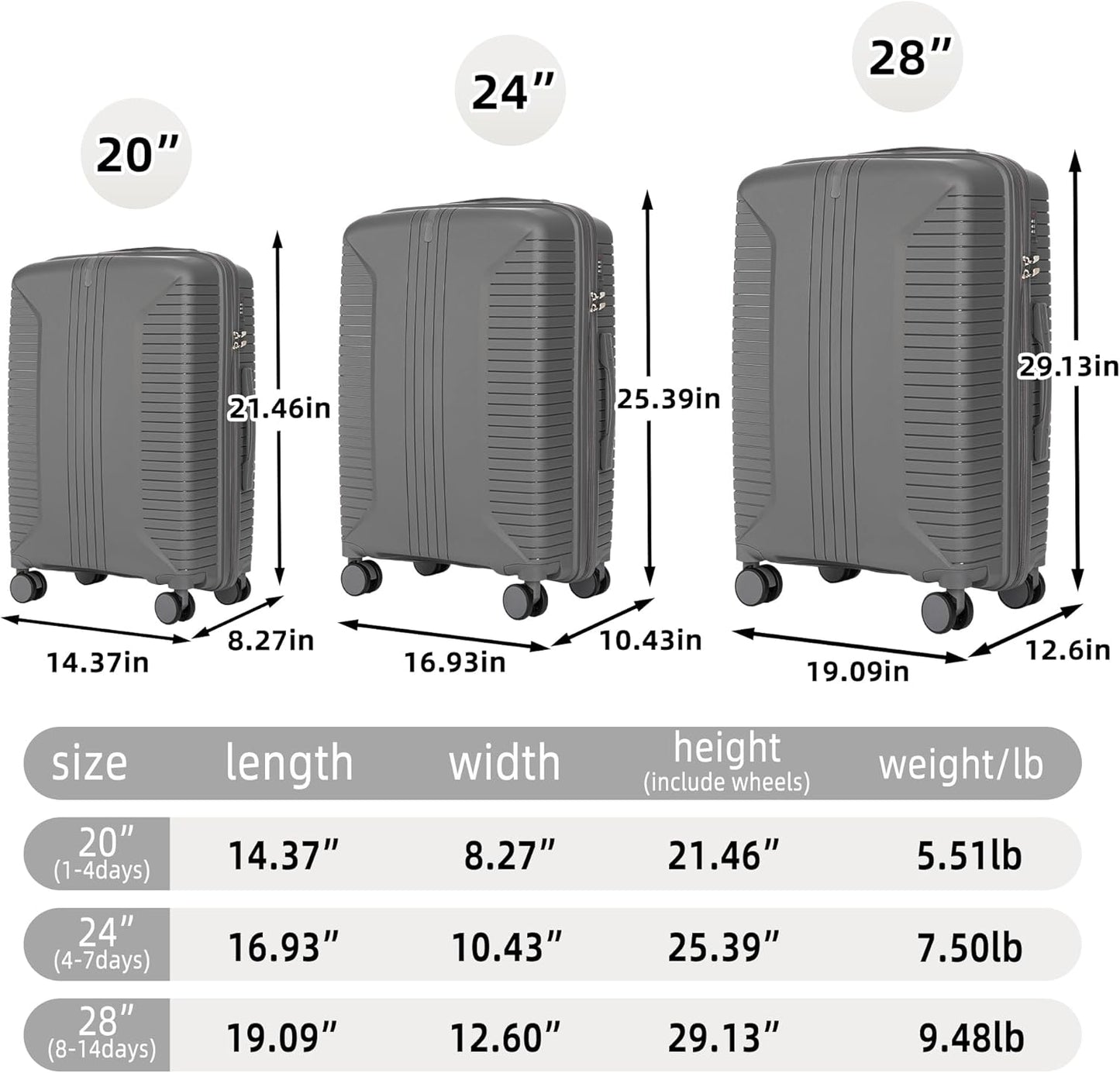 Campfun 3 Piece Luggage Sets, PP Suitcase Set with Double Spinner Wheels Hang Hook, Durable Carry On Luggage with Combination Lock, 20/24/28 inch, Grey