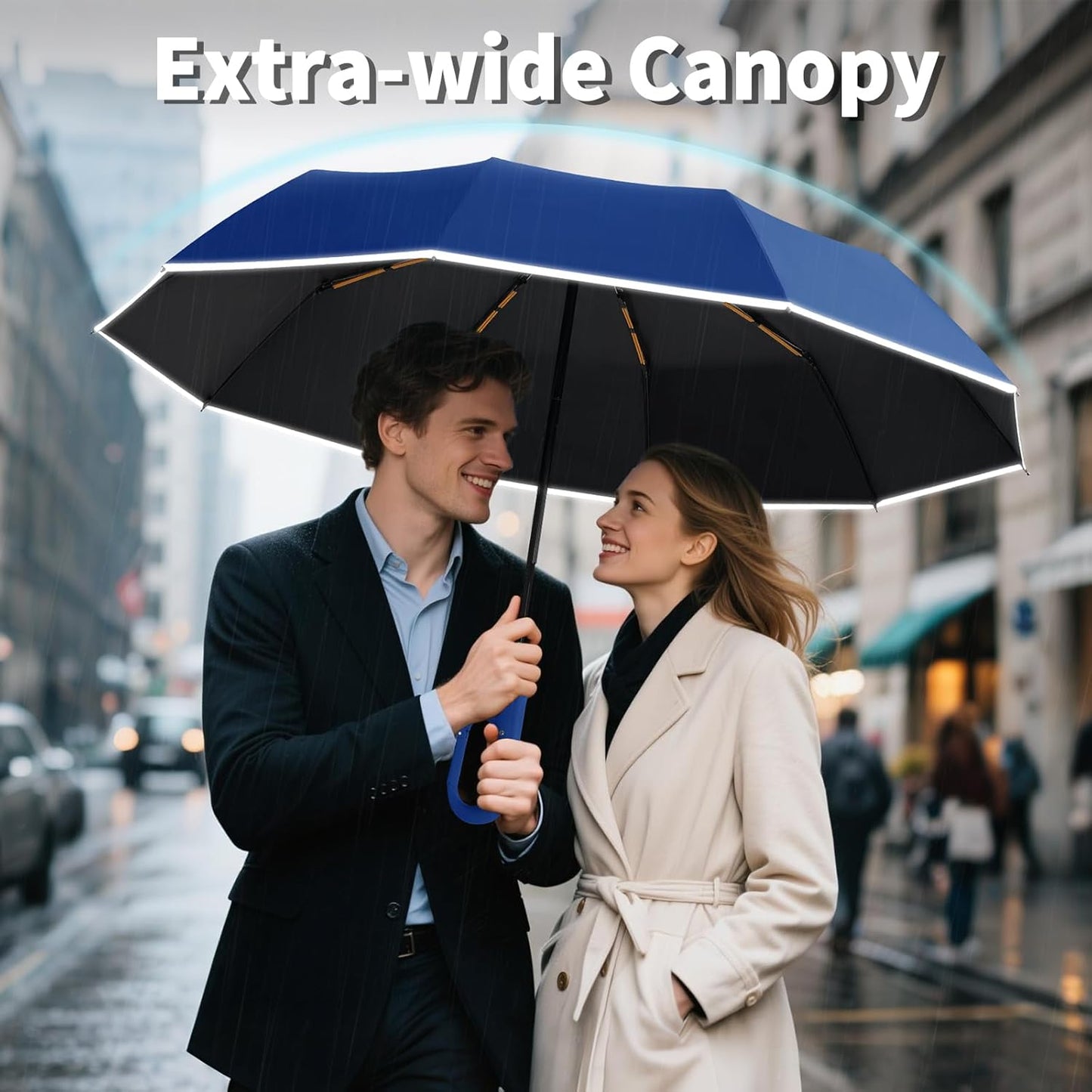 Seniny Travel Umbrella with Carabiner Handle, Windproof Large Umbrellas for Rain with Dual-Rib Structure, Portable Compact Umbrella with Reflective Strip, Car Backpack UV Umbrellas for Sun Protection