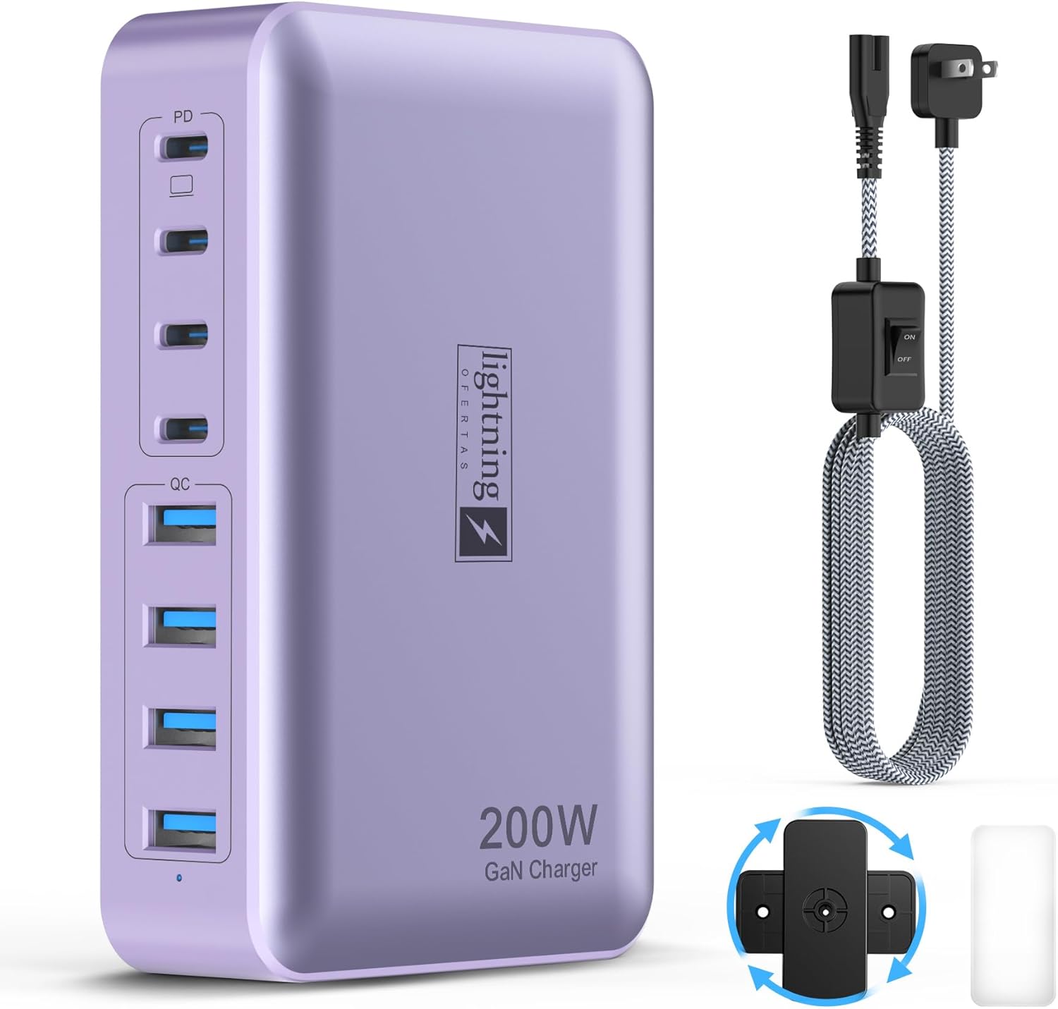 8-Port Type C Fast Charger Block 200W with Flat Plug, Braided Power Cord, and On/Off Switch- USB