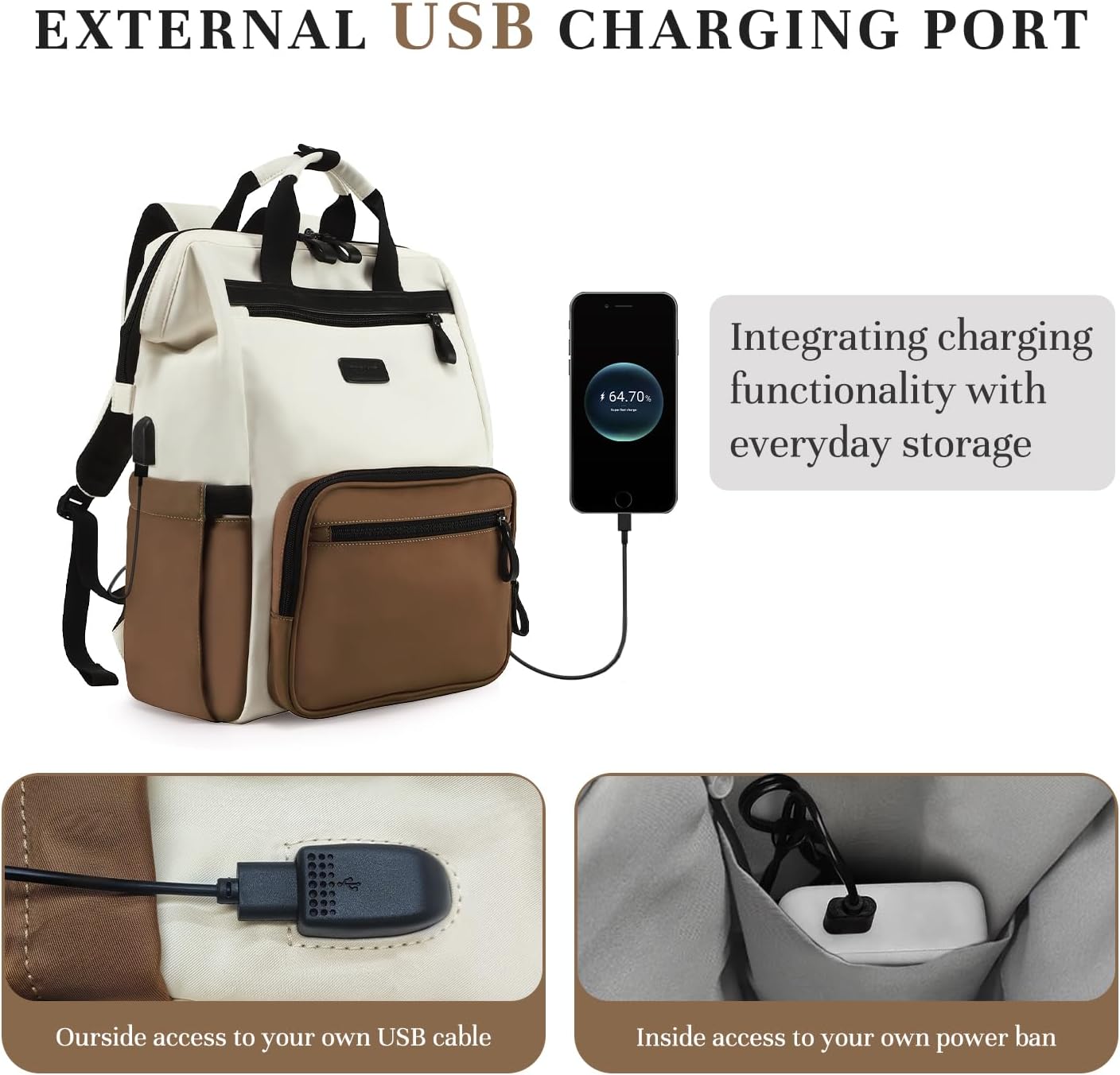 Timeet Laptop Backpack for Women Men, 17 Inch Travel Backpack with USB Charging Port, Water Resistant & Anti-theft for Work College Business, Multifunctional Carry on Backpack, White-brown