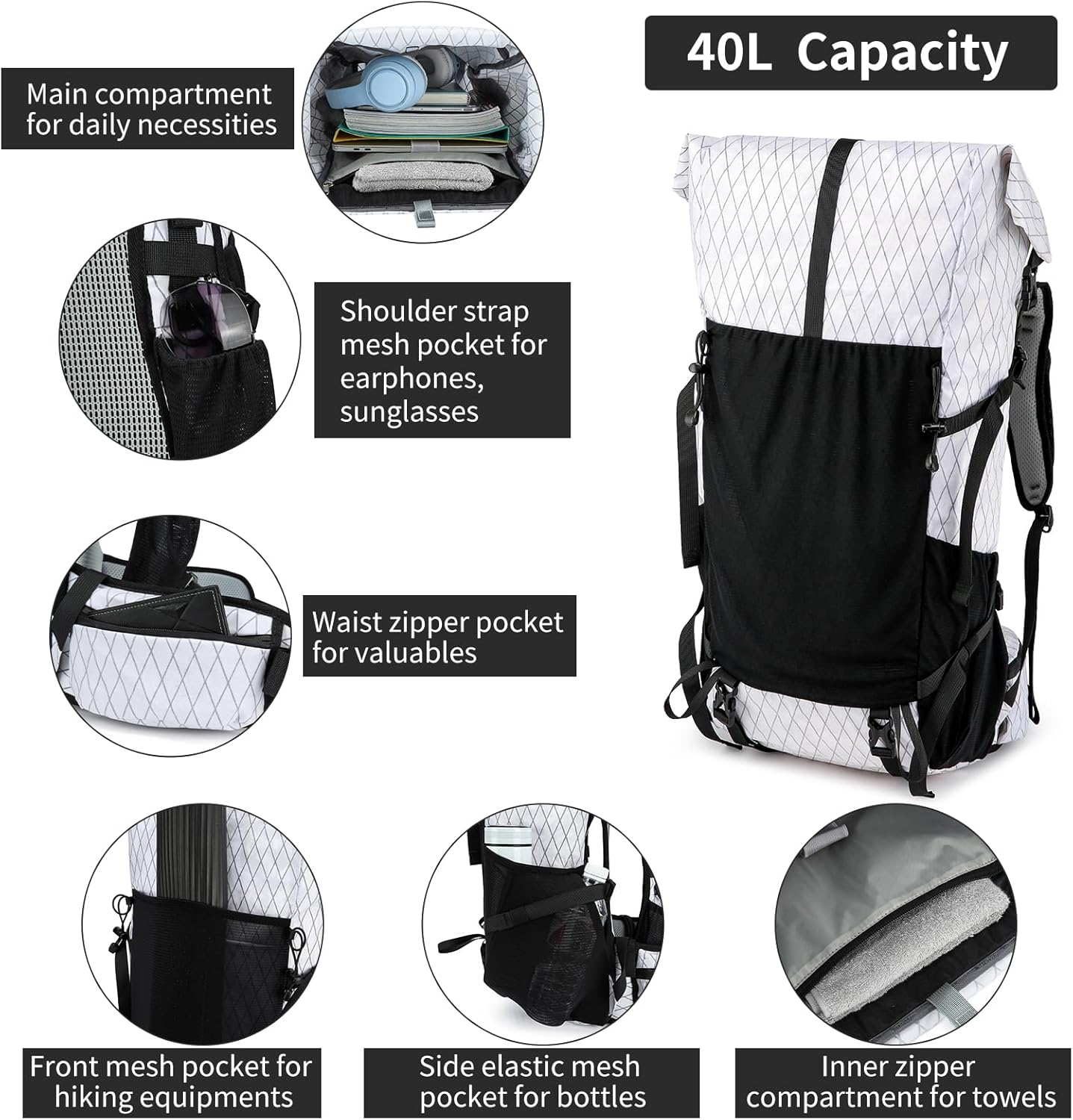 Hiking Backpack,40L Extra Large Capacity Hiking Bag,Internal Frame Camping Backpack,Upgraded X-PAC Lightweight Sport Daypack Travel Backpacks Fit For Mountain Climbing Camping (White)