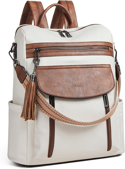 Shrrie Laptop Backpack for Women 15.6 inch,Travel Leather Backpack Purse Nurse Teacher Carry on Backpack Computer Bag,Professional Water-Resistant College Business Work Casual Daypack,Beige with Brown