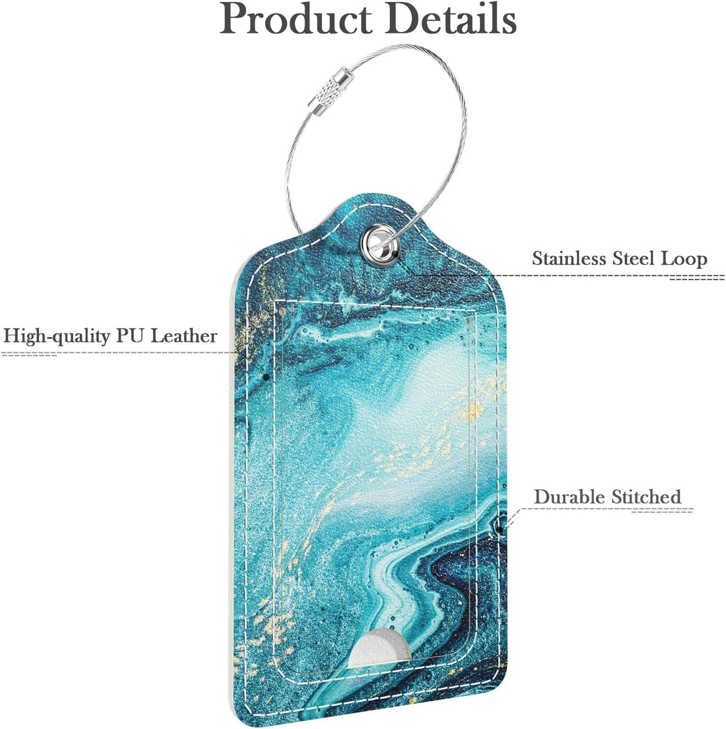 Luggage Tags for Suitcase, 2 Pack PU Leather Travel Cruise Luggage Tag with Privacy Flap, Name ID Label and Metal Loop for Women Men Girls Suitcase Baggage Bag Backpack Instrument, Teal Marble