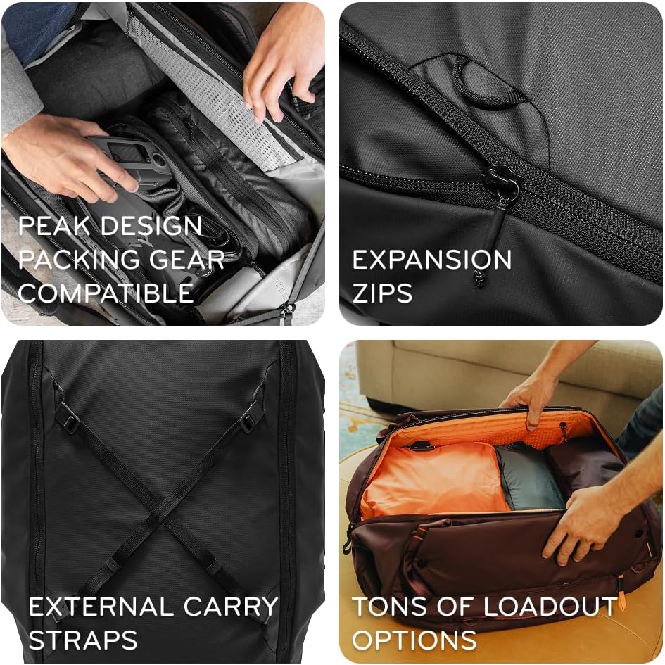 Peak Design Travel Duffelpack 45-65L, Eclipse, Weatherproof Duffel Backpack, Expandable, Extra-Long Zip, Stowable Straps, Fits Packing & Camera Cubes, Versatile Bag for Travel & Adventure