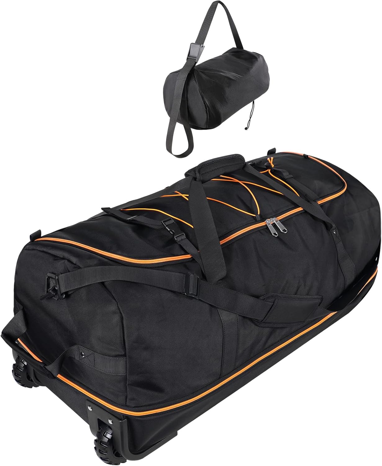 32” 1680D Oxford Foldable Duffle Bag with 2 Wheels,110L to 140L Expandable Soft Sided Rolling Travel Bag,Black-orange
