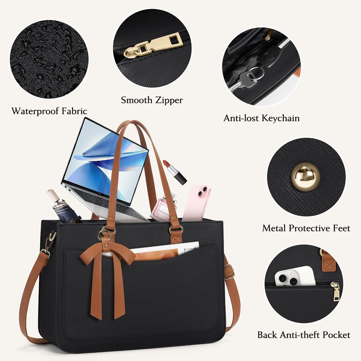 RAINSMORE Laptop Bag for Women 15.6 Inch Work Tote Bags Leather Laptop Tote Waterproof Computer Bag Professional Office Briefcase Large Handbag for College Teacher Travel,Black and Brown