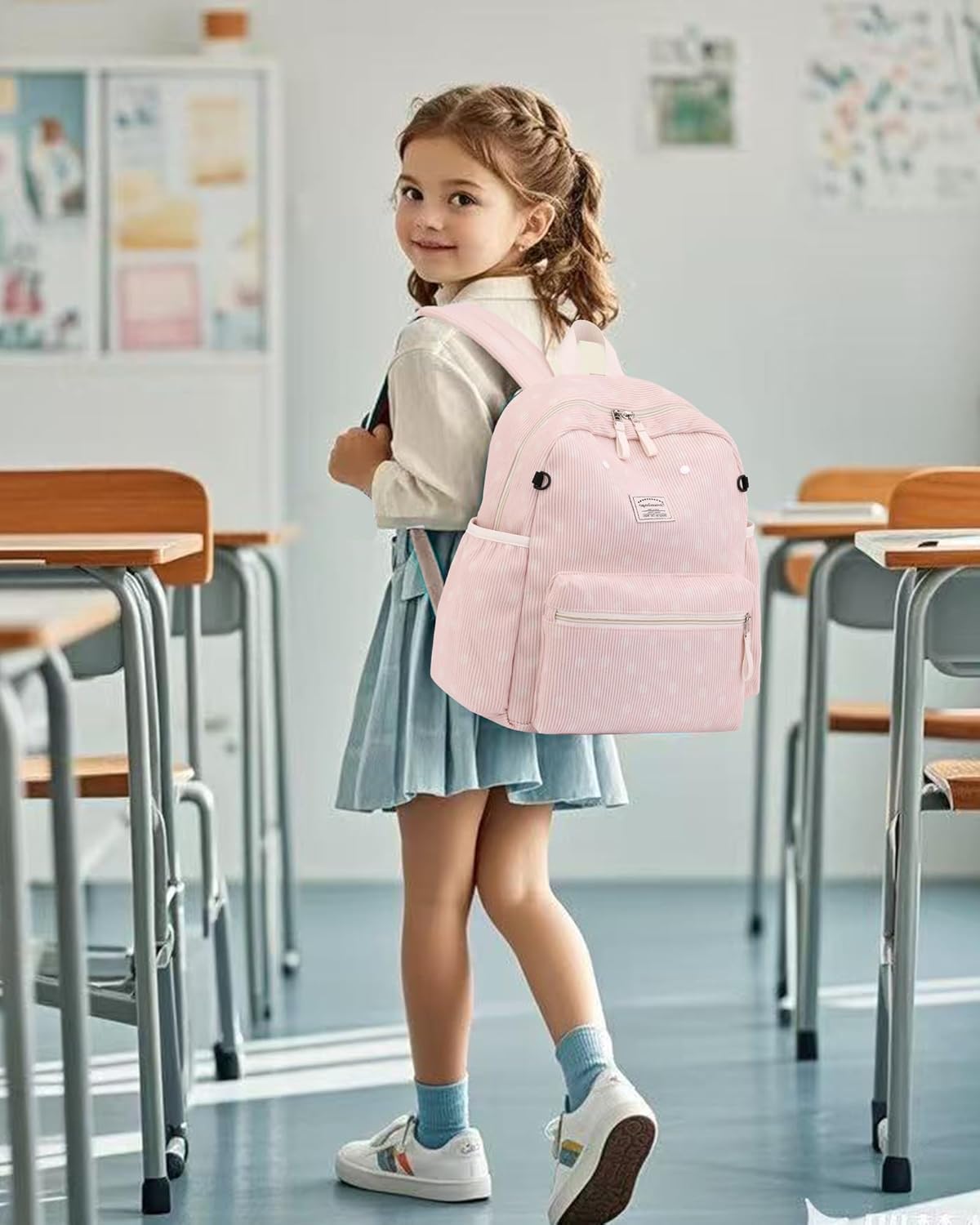 Corduroy Kids Backpack for Boys Girls Backpacks for Primary Elementary Kindergarten 6-10 (Dot Pink, Medium (15" H Fit A4 Folder))