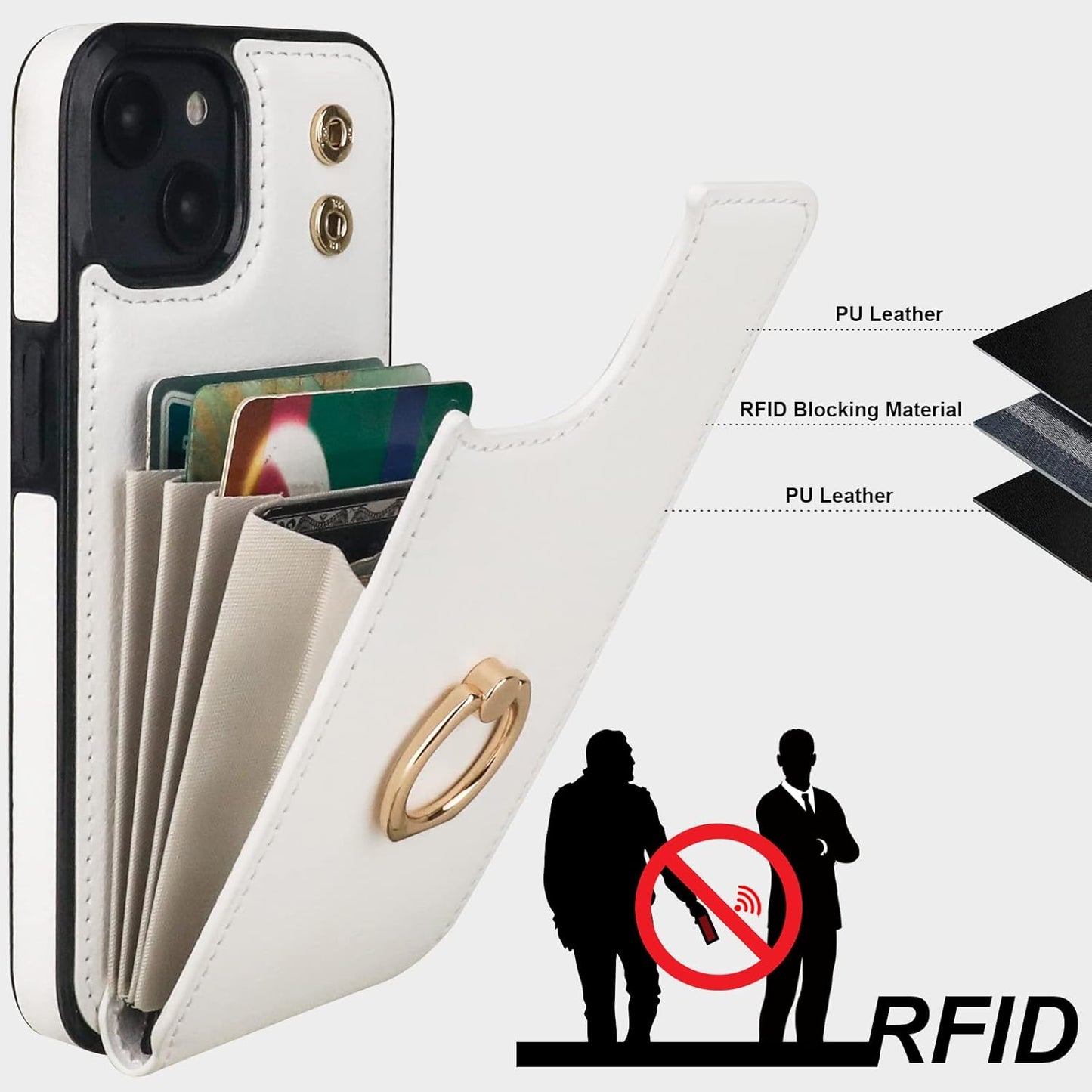Folosu Compatible with iPhone 14 Plus Case Wallet with Card Holder, 360°Rotation Finger Ring Holder Kickstand, RFID Blocking Leather Protective Double Buttons Shockproof Cover 6.7 Inch White