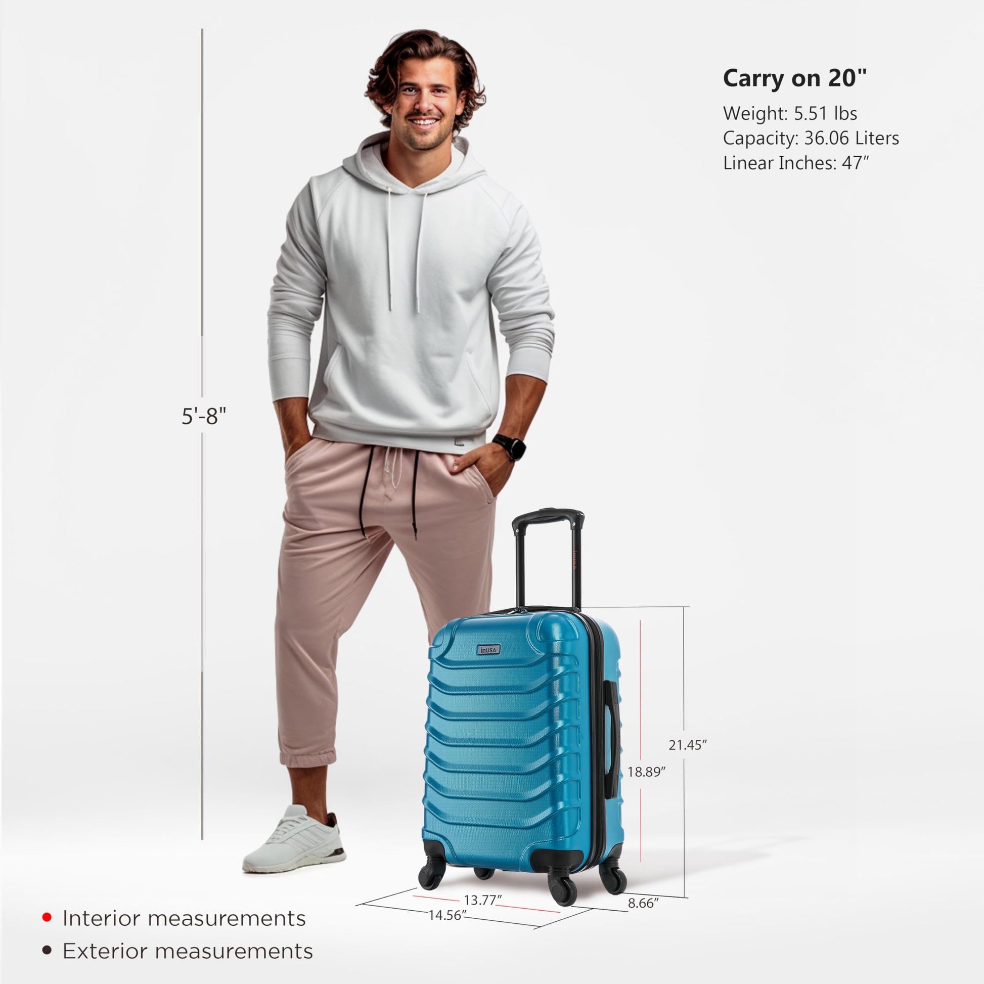 InUSA ENDURANCE 20-Inch Carry-On Hardside Spinner Luggage Lightweight Teal