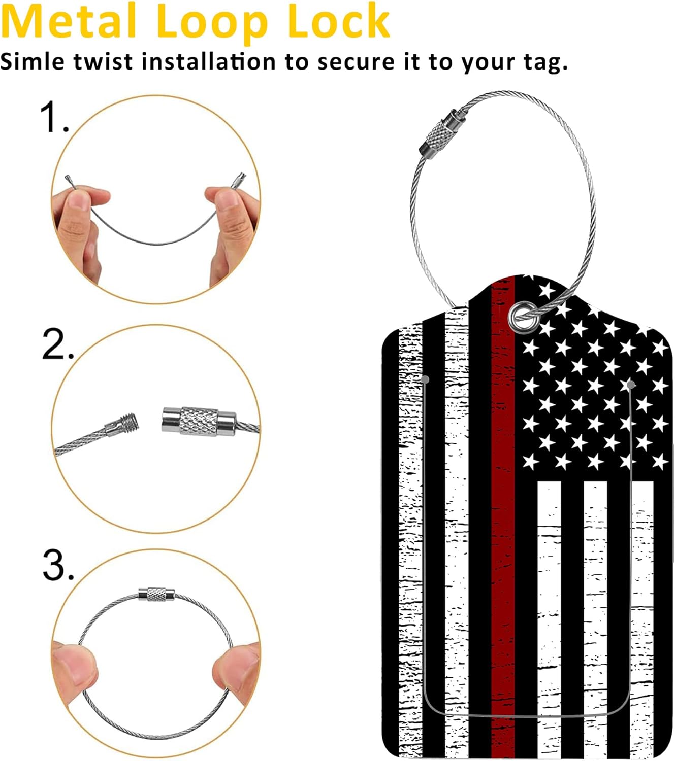 2 Pack Luggage Tag for Suitcase,Flag of USA with Red Line PU Leather Suitcase Tags Identifiers with Privacy Name Address Labels and Durable Steel Loop for Women Men Travel