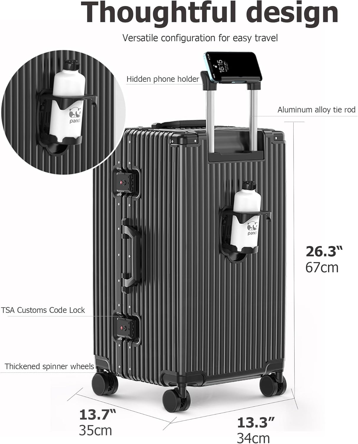 feilario 26in Aluminum Frame Hardside Spinner Wheels Luggage, Zipperless Checked Super Large Captain Suitcase with Cup Holder/Phone Holder