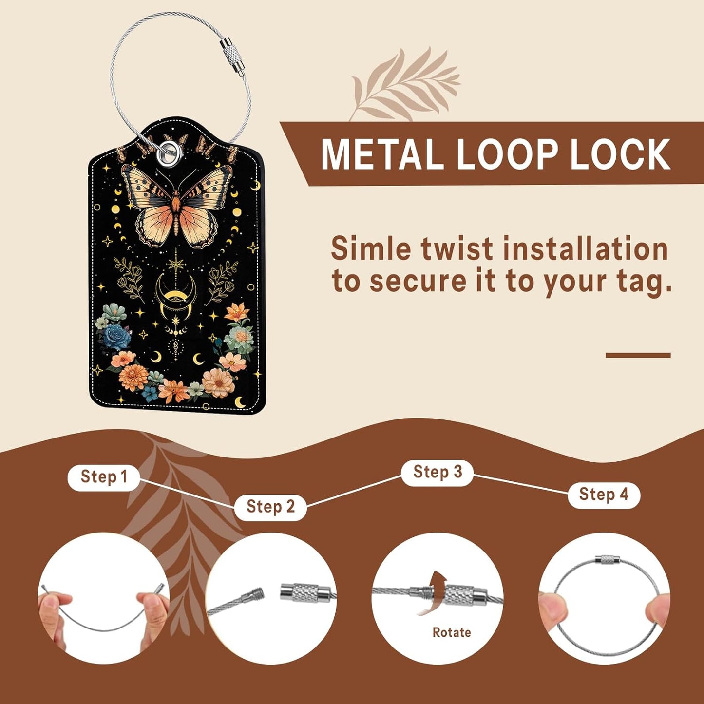 2 Pack Floral Butterfly Luggage Tags for Suitcase, Black Leather Luggage Tags, Privacy Cover ID Label with Stainless Steel Loop & Address Card, Butterfly Travel Bag Tag Travel Accessories for Suitcase