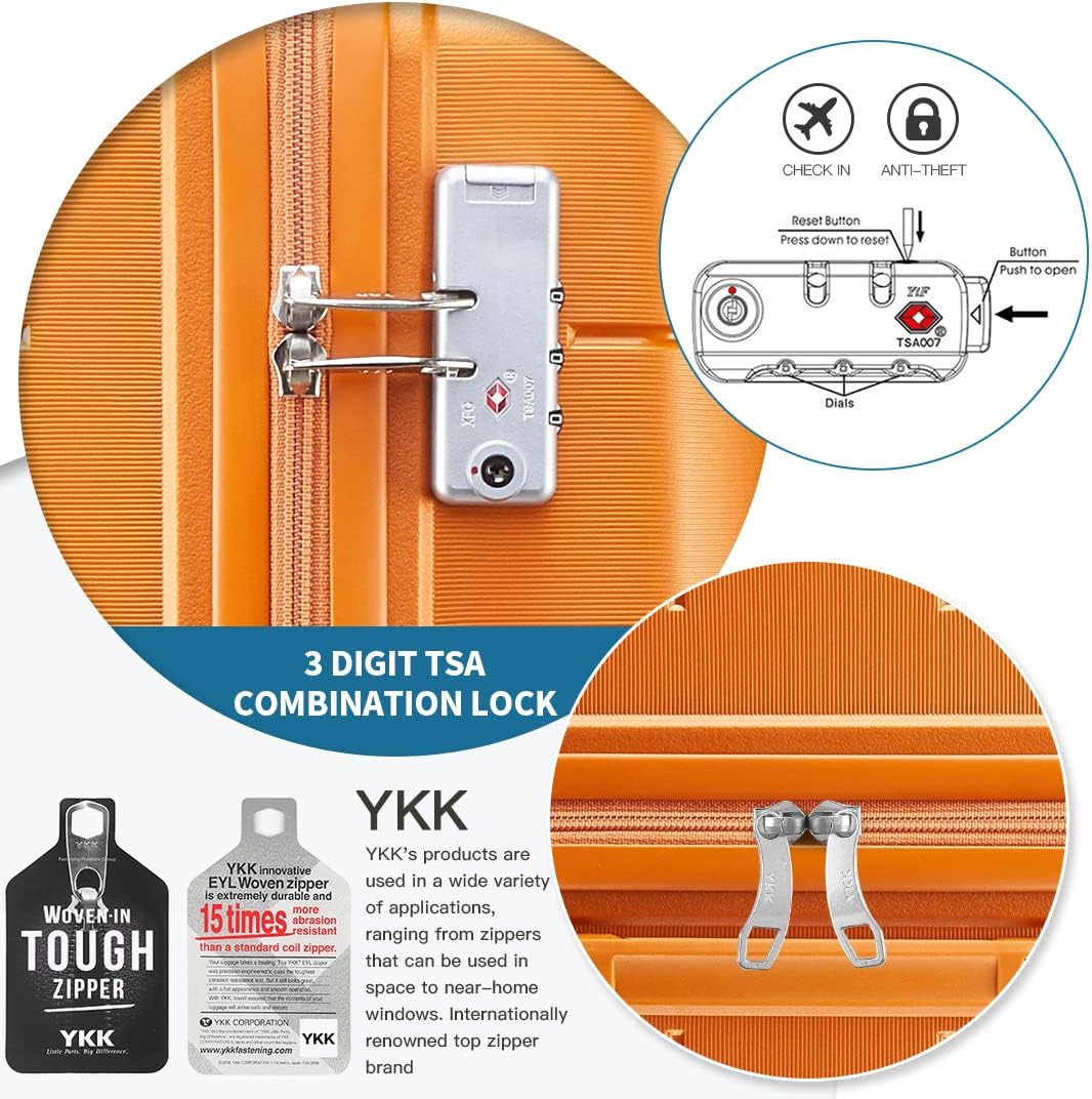 Somago Luggage Sets 3 Piece Hard Shell Polypropylene Suitcase with TSA Lock Spinner Carry On Luggage with Beauty Case Travel Set,Sunset Orange