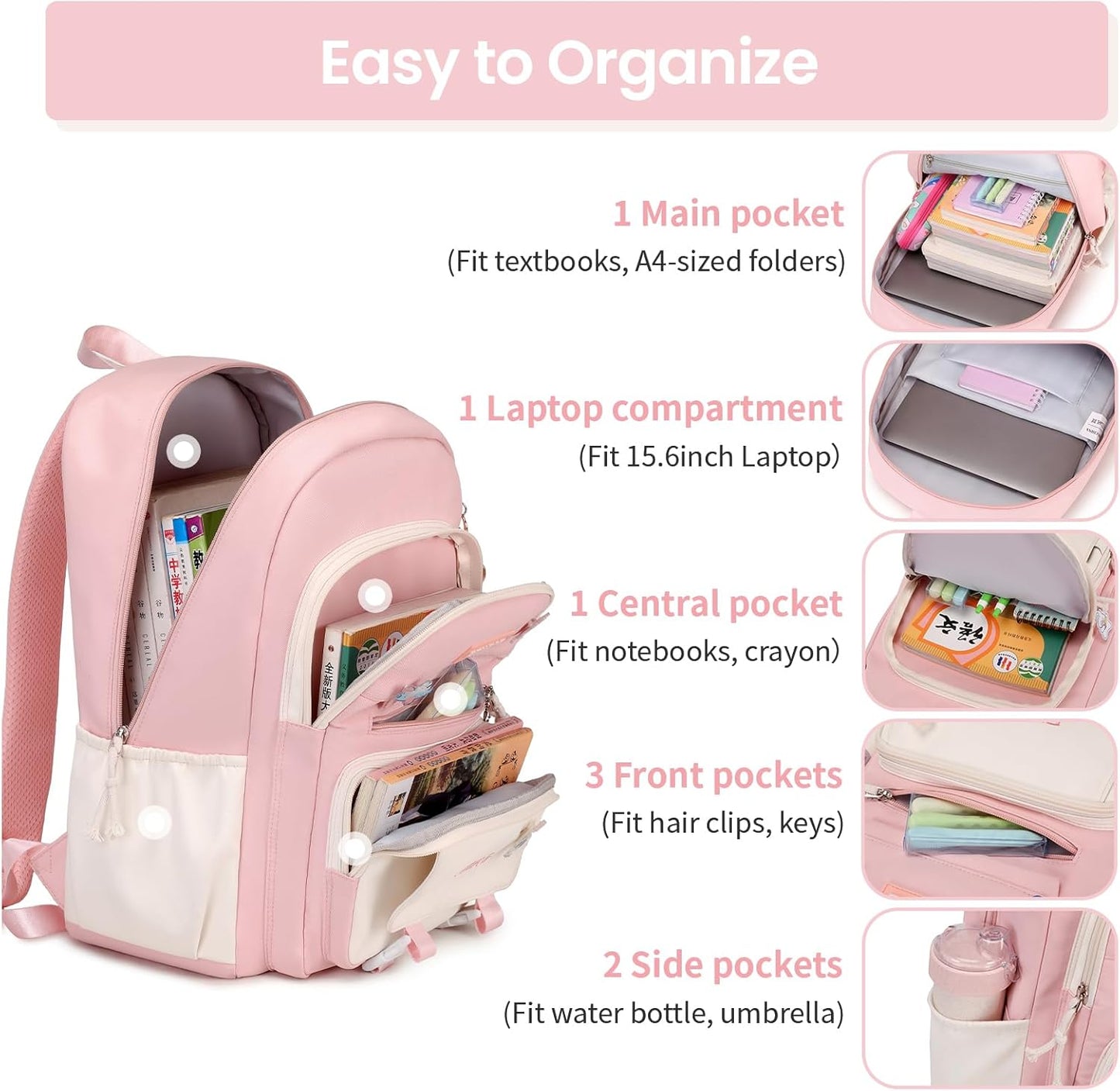 Tanou School Backpacks for Girls, Kawaii Kids School Bag with Pendant, Elementary Primary Middle School Lightweight 20L, Pink