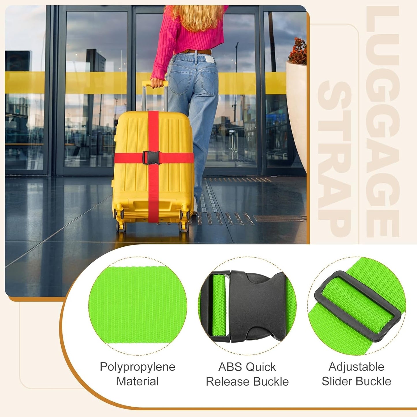 MECCANIXITY Luggage Straps with Quick-Release Buckle Adjustable Suitcase Belt Strap for Suitcase Briefcase Backpack Travel, Fluorescent Green, Pack of 4