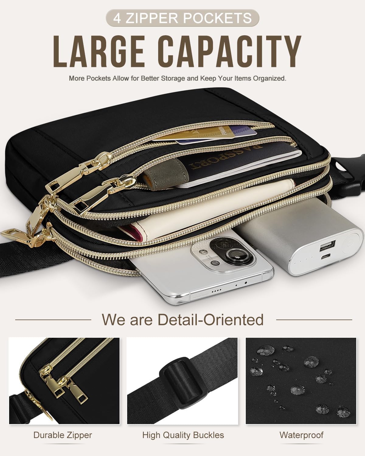 Capolo Fanny Packs for Women Fashion Waist Packs Bag with Adjustable Strap and 4 Zipper Pockets Waterproof Everywhere Crossbody Belt Bag for Workout Running Travelling(Black, Large)
