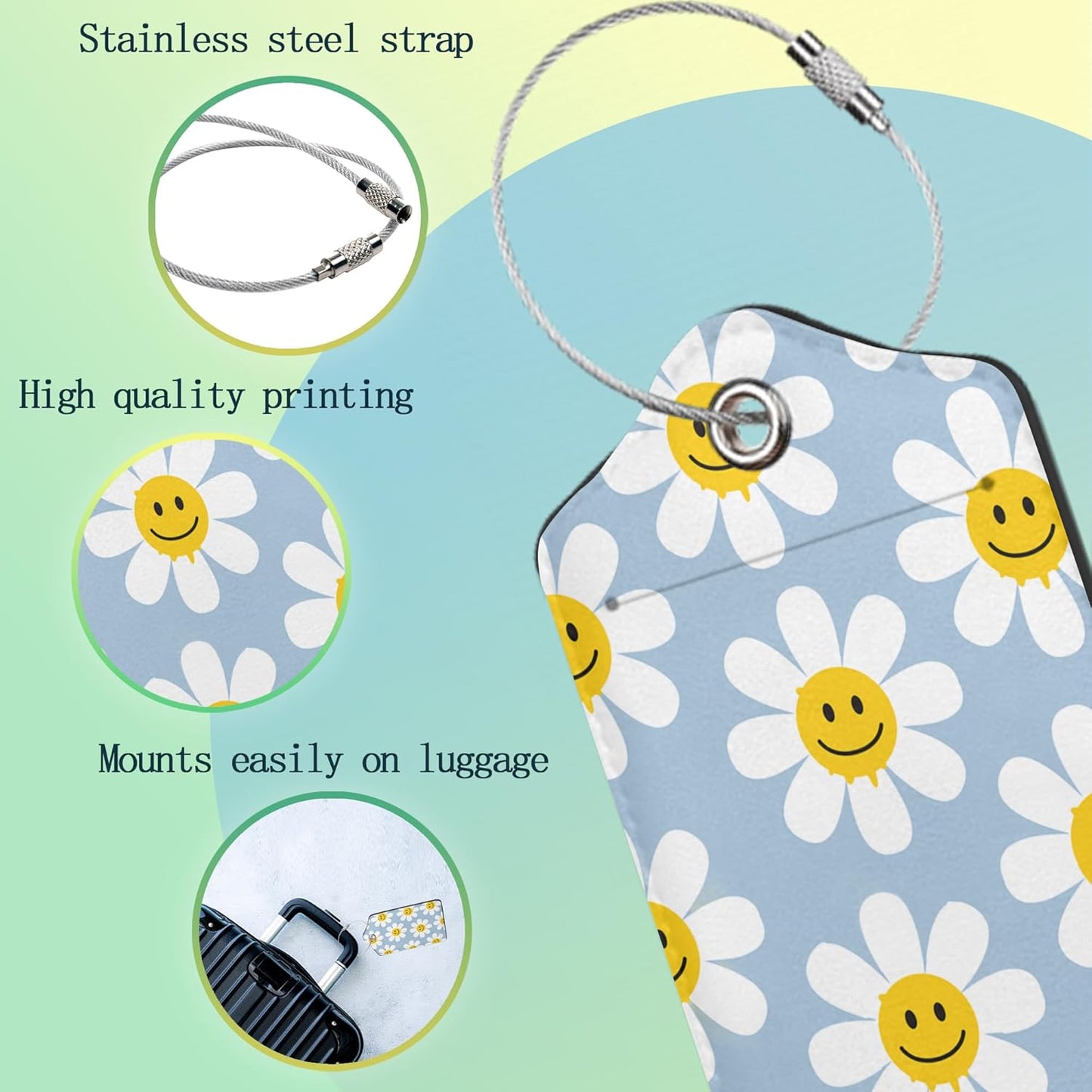 2 Pack Luggage Tag for Suitcases Cute White Daisy Flowers PU Leather Bag Travel Suitcase ID Identifier Baggage Tags for Women Men Travel