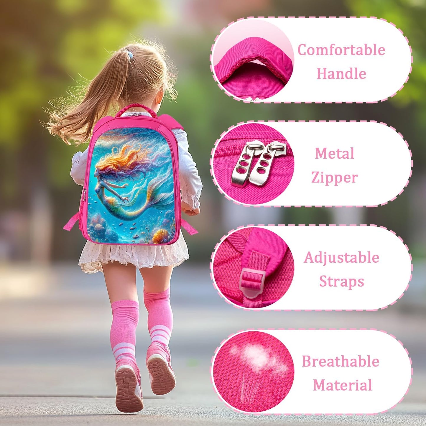 Mermaid Backpack School Bag 3PCS Backpack 16 Inch with Lunch Bag Set Lightweight for Teen Boys Girls Kids Elementary Middle School