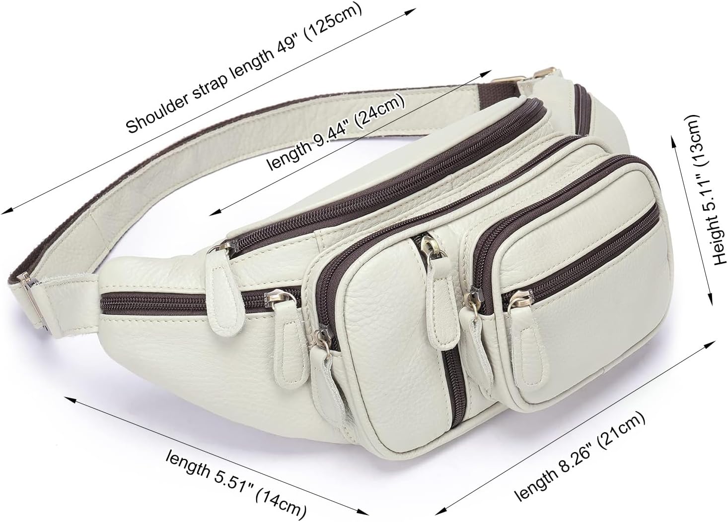 Genuine Leather Fanny Pack large capacity Crossbody Waist Bag with Zipper phone Pockets white
