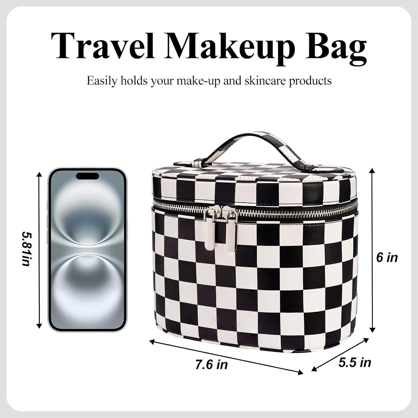 Makeup Bag, Checkered Makeup Bag with Compartments and Handle, Portable Cosmetic Organizer Bags,Toiletry Bag for Women