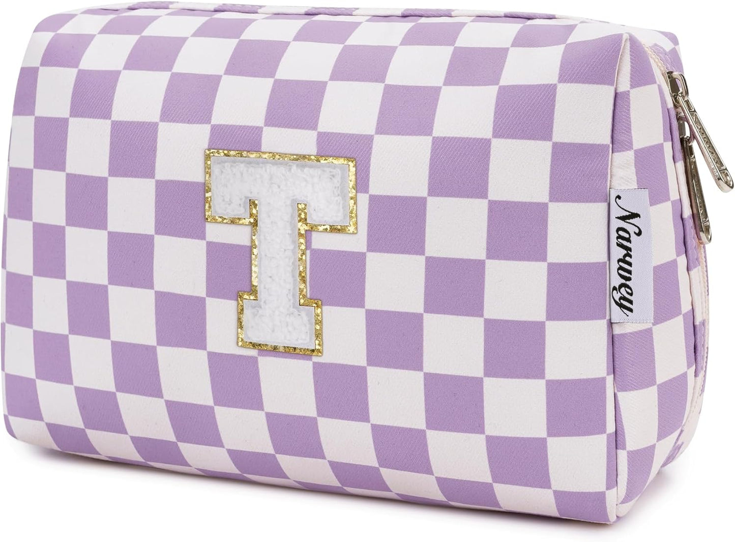 Narwey Birthday Gifts for Women Teen Girls Kids Personalized Initial Makeup Bag Monogram Preppy Cosmetic Bag Trendy Stuff 6 8 10 11 12 13 14 16 18 Years Old Travel Toiletry Bag (Purple Letter T)