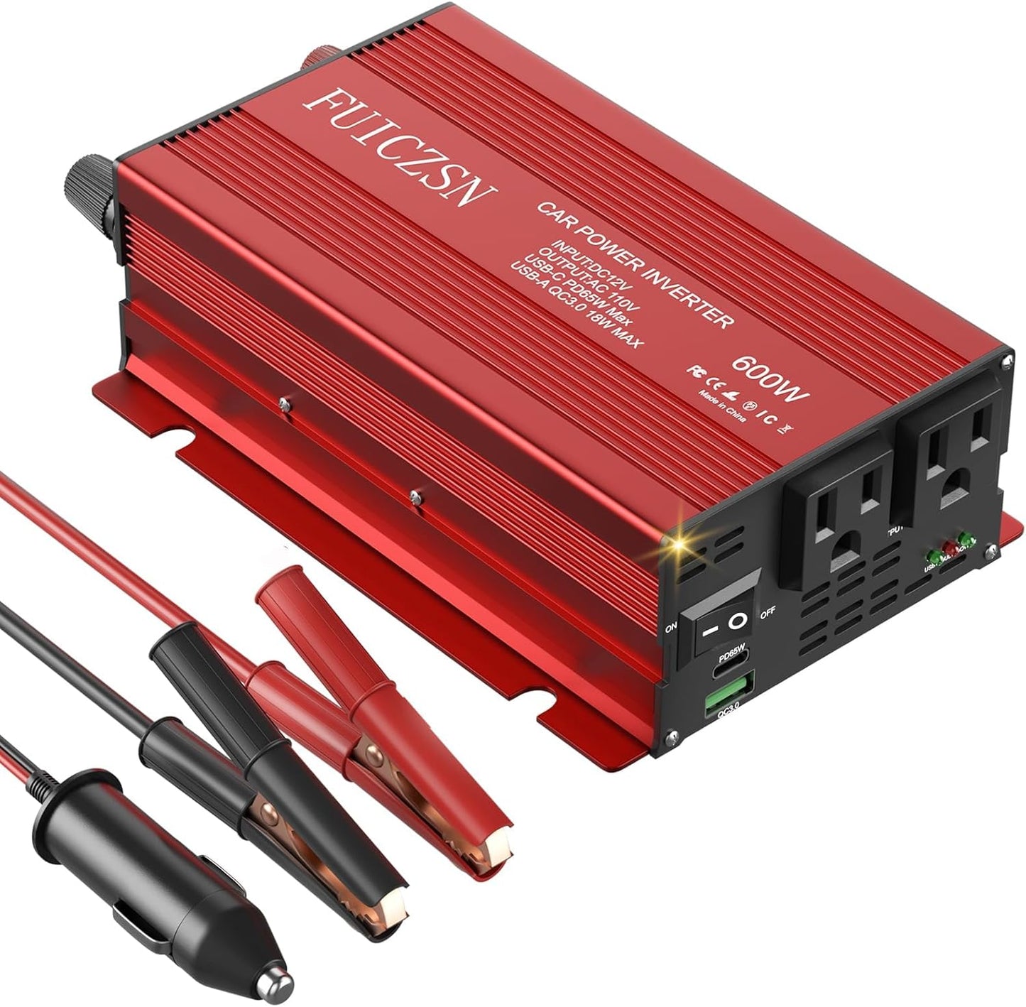 600W Car Power Inverter 12V DC to 110V AC Car Plug Adapter Outlet Converter with 2 AC Outlets and 65W PD USB-C & 18W QC USB-A Fast Charging Ports Power Inverters for Vehicles(Red)