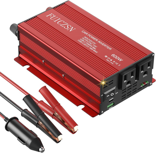 600W Car Power Inverter 12V DC to 110V AC Car Plug Adapter Outlet Converter with 2 AC Outlets and 65W PD USB-C & 18W QC USB-A Fast Charging Ports Power Inverters for Vehicles(Red)