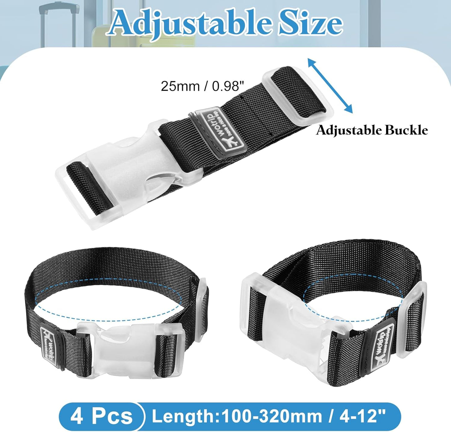 uxcell 4Pcs Add A Bag Luggage Strap, 4-12 Inch Adjustable Suitcase Belt Travel Accessories, Luggage Connector for Carry-on Baggage, Black