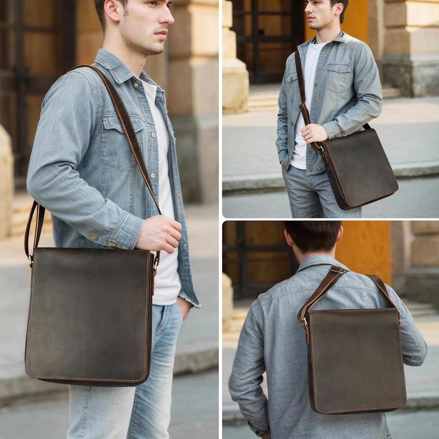 Men Leather Messenger Bag Vintage Working Shoulder Crossbody Bags Purse Daypack Handbags for Women Gift