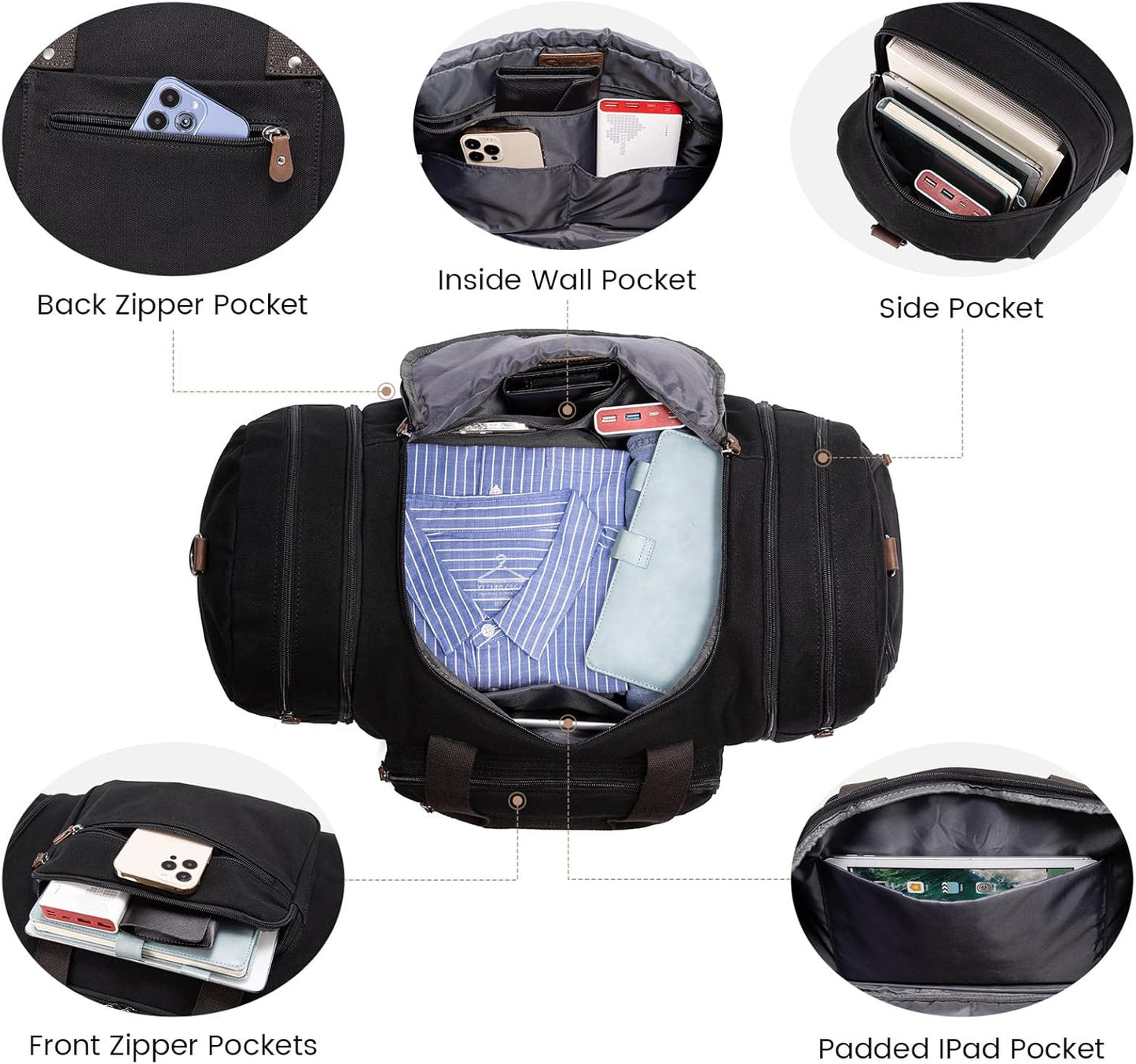 Sucipi Canvas Travel Duffel Bag for Men, Weekend Overnight Bag with Shoe Compartment and Toiletry Bag, Carry-On for Airplanes, Black