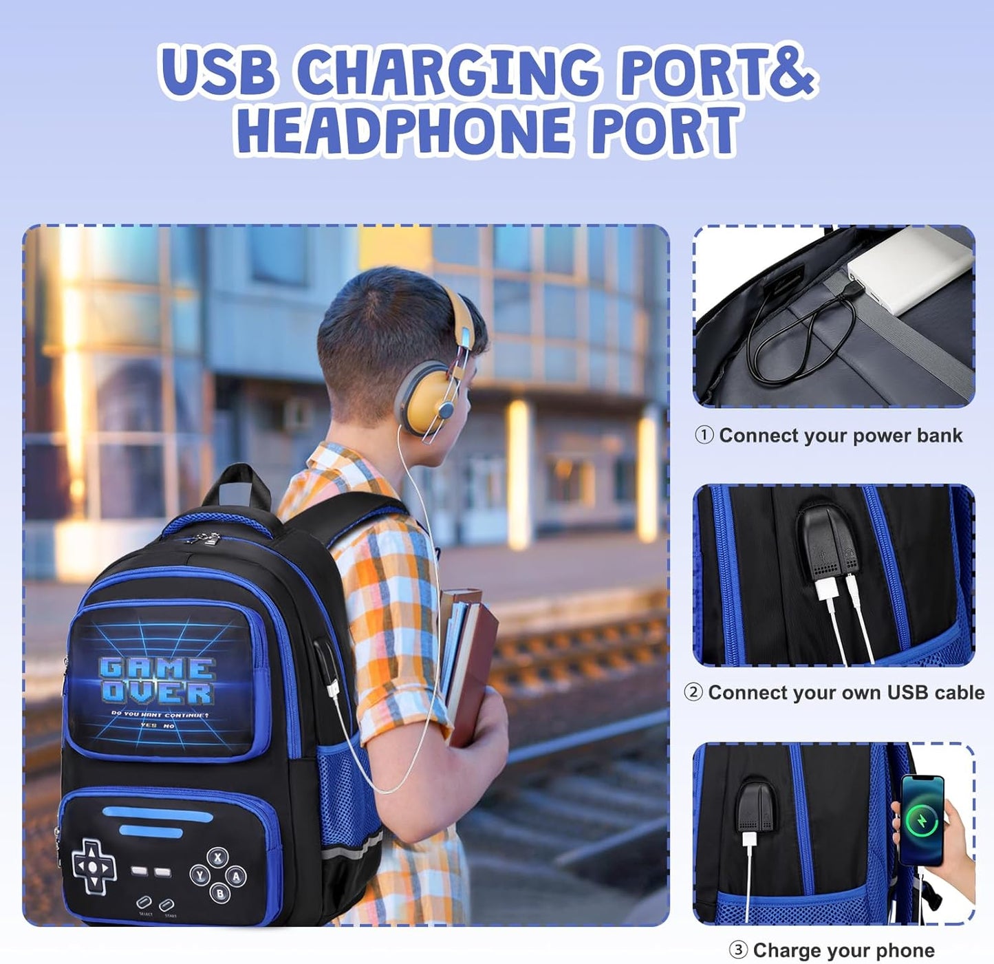 Gamer Backpack for Boys - Cool Luminous School Backpack for Boys with Lunch Bag Pencil Case - Kids Elementary Middle School Book Bags for Teen with USB Charging Port (Black