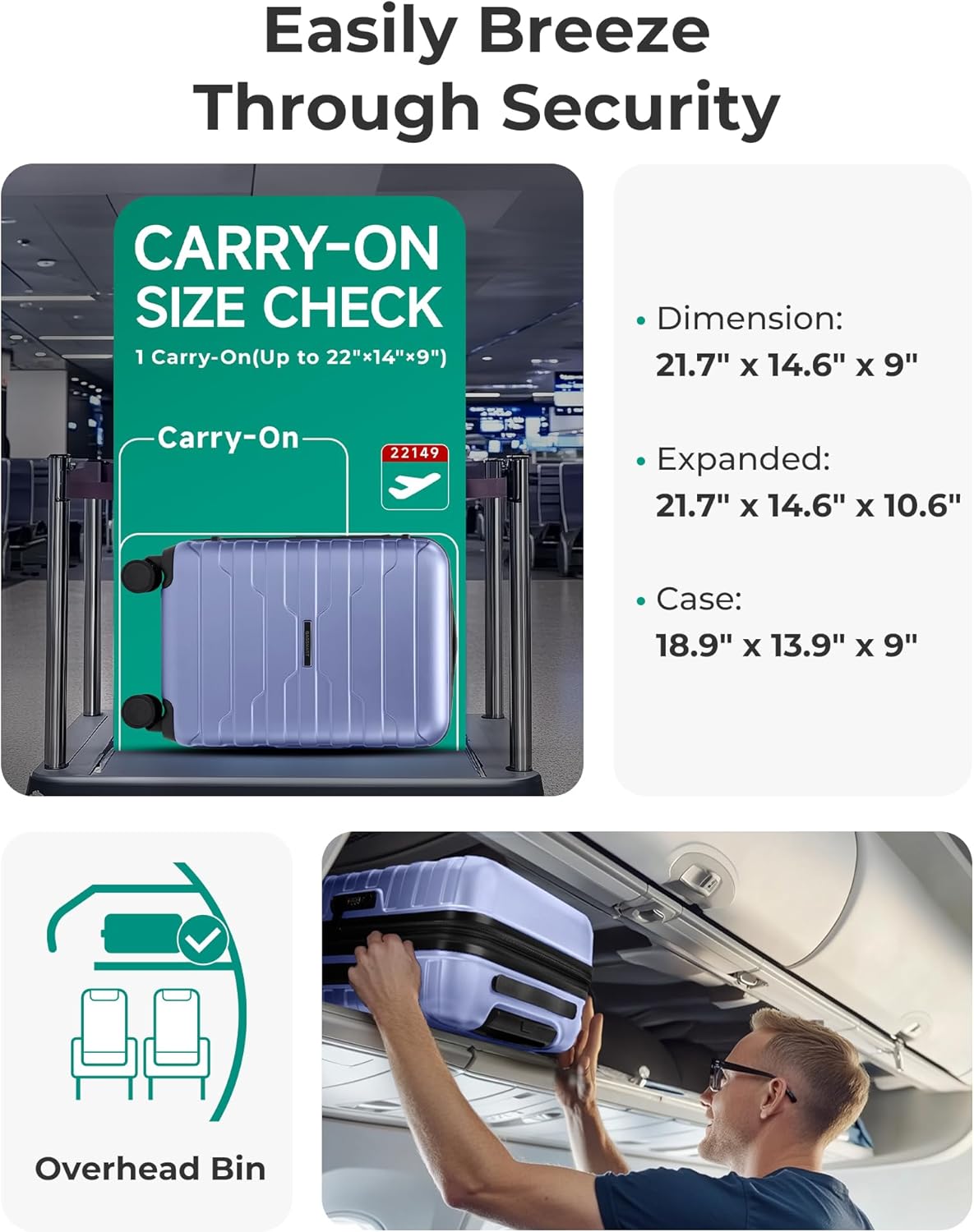 BAGSMART Carry On Luggage 22x14x9 Airline Approved with Spinner Wheels,Lightweight 20 Inch Luggage