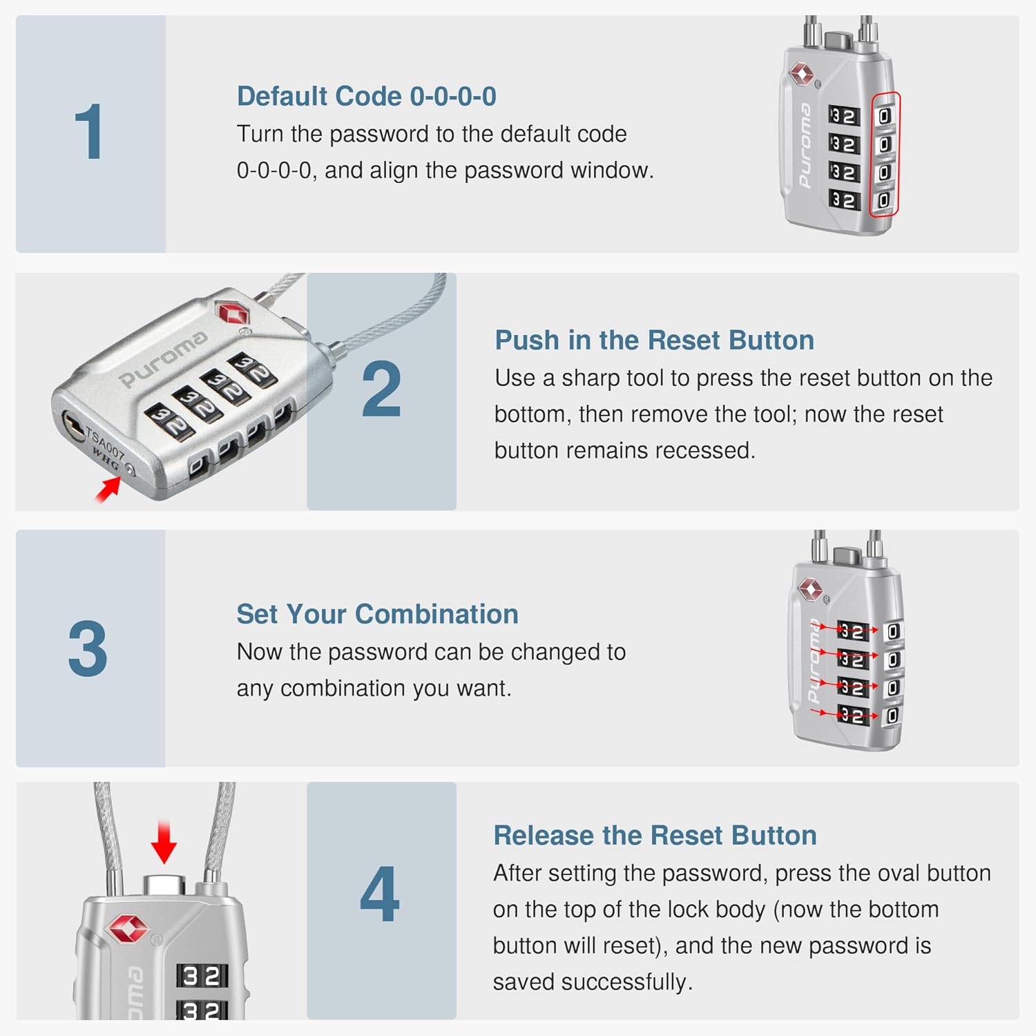 Puroma 2 Pack TSA Approved Luggage Lock, 4 Digit Combination Travel Locks Resettable Code Lock with