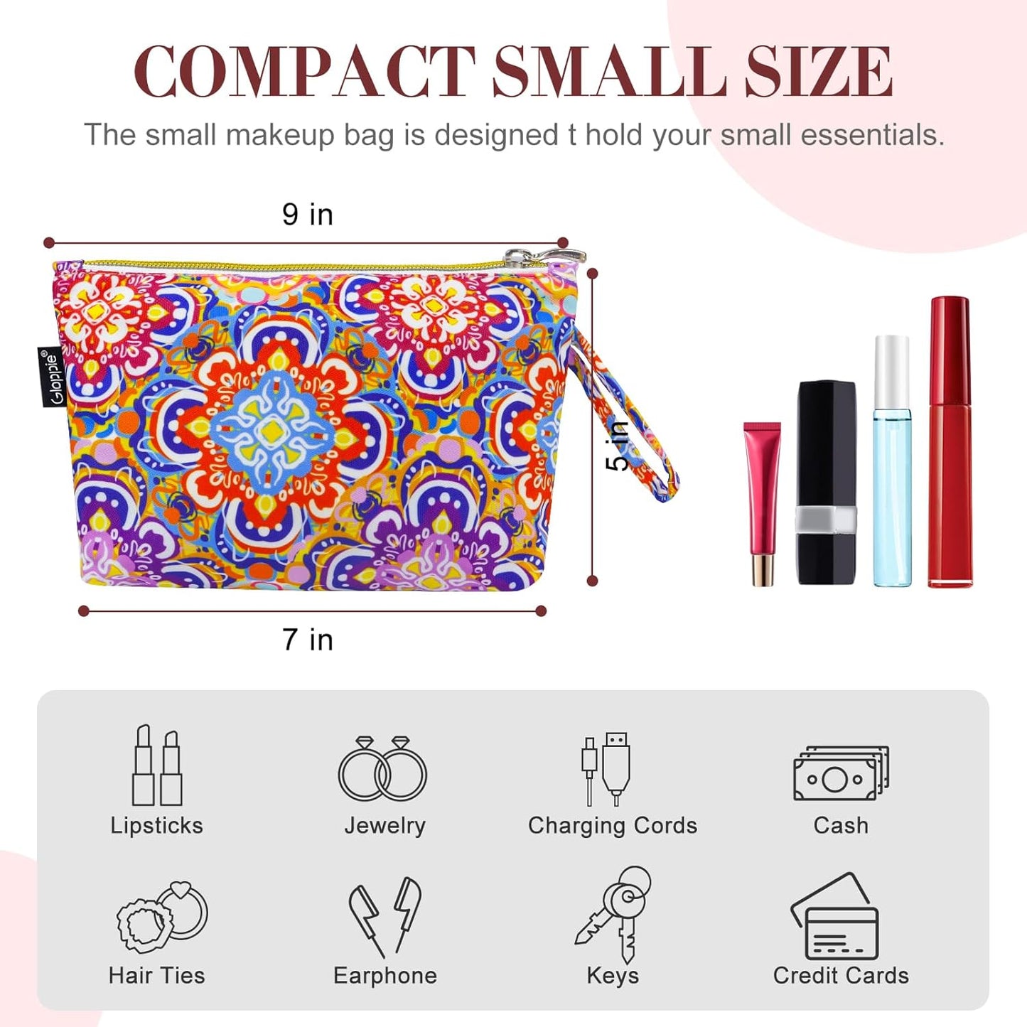 Gloppie Bohemian Makeup Bag - Travel Cosmetic Bag for Women | Small Zipper Makeup Pouch for Purse
