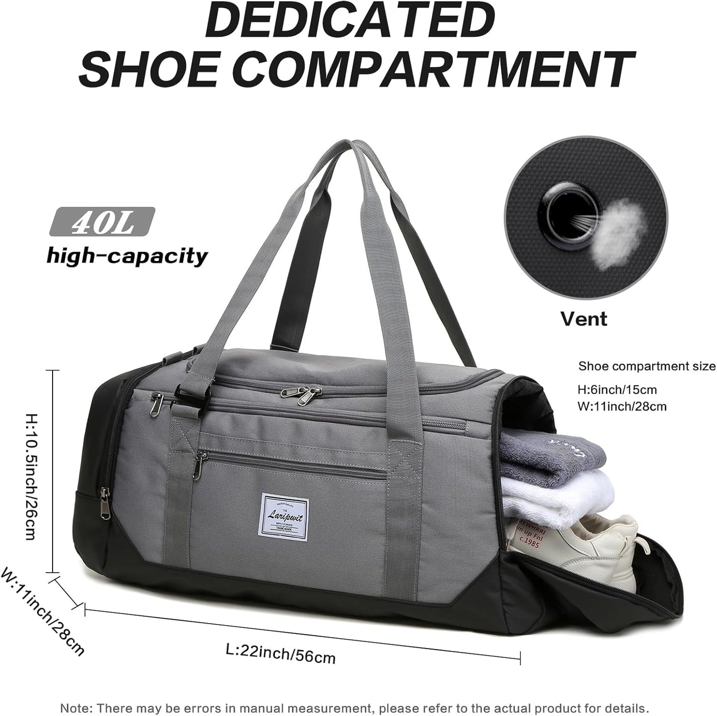 Laripwit Travel Duffle Bag for men 40L Medium Sports Gym Bag with Wet Pocket & Shoes Compartment Weekender Overnight Backpack for Traveling Duffel Bag Backpack for Women, Gray